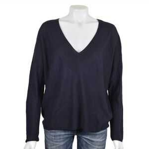 Eileen Fisher Tencel Silk Navy Blue V-Neck Sweater Lightweight Pullover Large